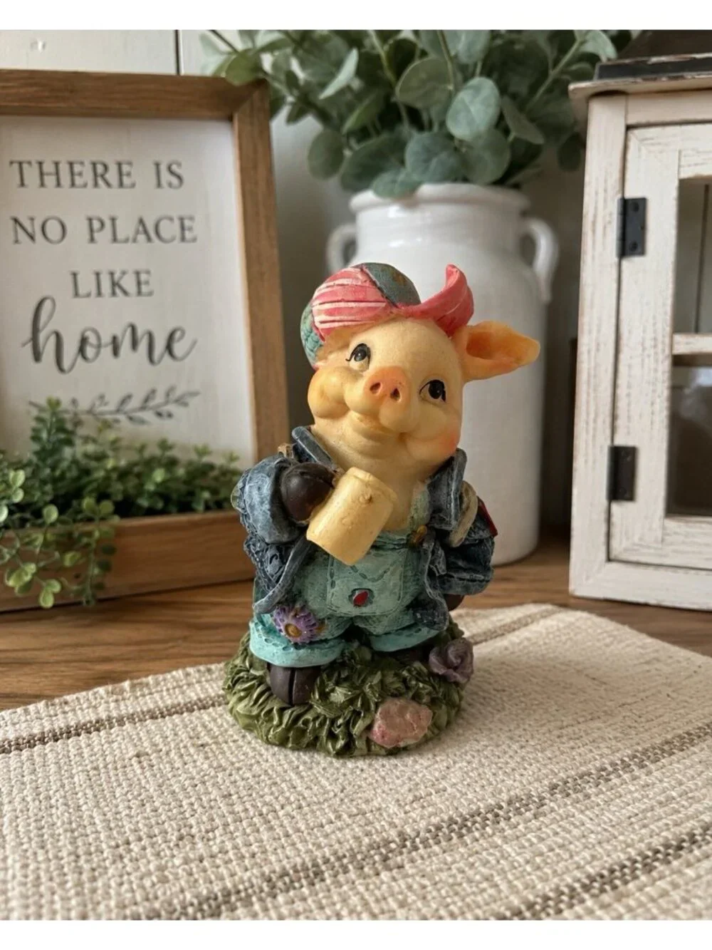 Vintage Mini Pig Piggy Figurine Pink Hat Denim Overalls Country Farmhouse Decor